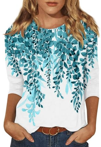 Compression Shirt Glitzer Oberteile Damen Shirt Weiß Damen Rundhals Dreiviertelarm Shirt Mit Brusttasche Frauen Aesthetic Shirt Trachtenbluse Elegante Oberteile Long Shirt Damen Lang (Hellblau, 4Xl)