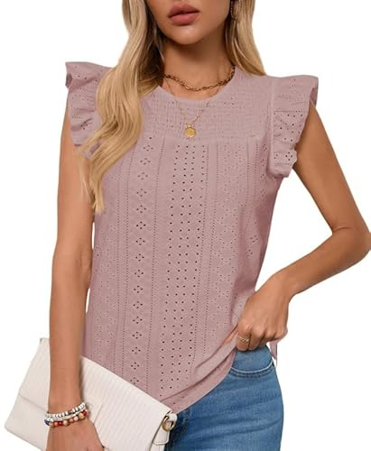 Haibang Camiseta sin Mangas Mujer Verano Camisetas Tirantes de Ruffle Manga Suelto Blusas Top con Cuello Redondo y Ojales Elegantes Tank Tops Transpirable Túnicas Casual T-Shirts Chic Moda Camisa
