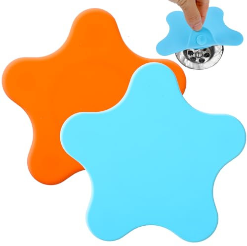 Molain 2 Pack Tub Stopper, Bathtub Stopper Silicone Drain Plug Hair Stopper Adorable Pentagram Illustration Flat Suction Cover for Kitchen Bathroom Accessories and Laundry(Blue&Orange)