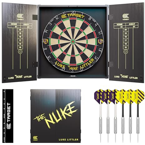 Target Darts Luke Littler Cabinet & Dartboard Set | Player Edition ‘The Nuke’ Dart Board Cupboard Set with 2 Sets of Steel Tip Darts, Score Charts, Competition Standard Throw Line