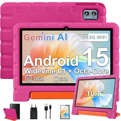 ZIOVO Kinder Tablet 10 Zoll Android 15 mit 30GB RAM+TF 2TB, 5G WiFi, Widevine L1, Octa-Core, Gemini AI, Face ID, Kindersicherung, 1280*800, 6000mAh, BT 5.0, GMS Certified Kids Tablet mit Eva Case-Rosa
