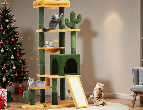 YITAHOME Tall Cactus Cat Tree Tower with Self-Grooming Brush, 60in Cute Cat Climbing Tower for Indoor Cats with Cat Condo, Top Perch, Basktet, Sisal Scratching Posts and Board,Balls