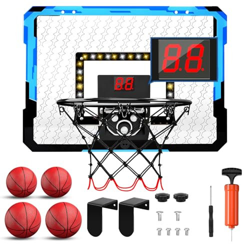 ZWOOS Panier de Basket Enfant, Panier Basket avec 4 Ballons 39x28cm, Pompe et Accessoires de Fixation, Paniers de Basket-Ball avec Éclairage et Effets Sonores