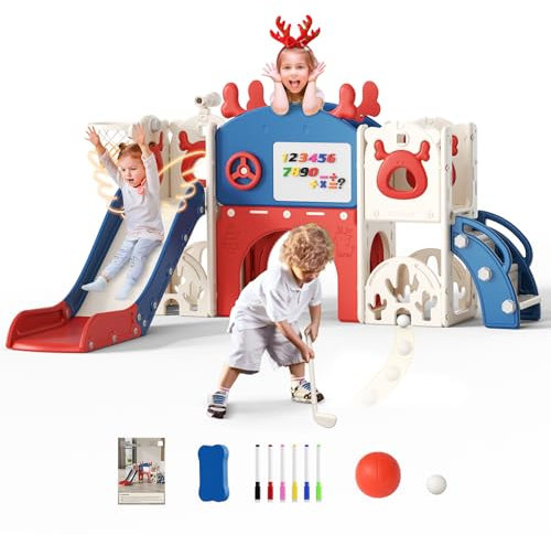Krovtoy Scivolo per bambini 7 in 1, scivolo per bambini a tema alce natalizio con set da golf, scivolo da 1 a 3 anni (Alce -Rosso e blu 7 in1)