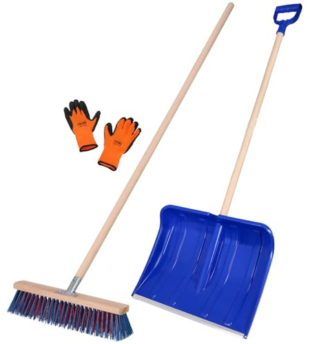 KOTARBAU® Juego de pala de nieve con mango de madera de 135 cm, escoba de carretera de 43 cm + guantes quitanieves para nieve, escoba de jardín con mango exterior, pala de nieve para coche, mango de