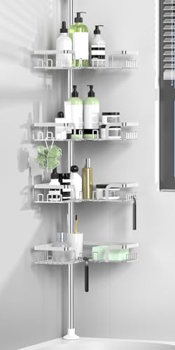KEGII Teleskop Duschregal - Duschablage Ohne Bohren Ecke Edelstahl Silber | Teleskopregal Eckregal, für Bad und Badewanne, Einfache Montage, Höhenverstellbar 63,5-290 cm, Mit Haken