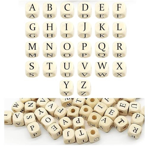 100 Stück Holzbuchstaben Perlen, 10mm Buchstabenperlen Holz, A-Z Alphabet Buchstabenwürfel Holz, Inklusive 10 passenden Schnüren, für DIY Schmuck, Armbänder, Schlüsselanhänger und Dekorationen