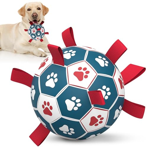 HETOO Hundeball Hundespielzeug Ball mit Seil Hundefußball (8 Zoll Rot Blau) | Interaktive Hunde Ball für Touring, Langlebig Hoher Sprung Schwimmende Ball für Hunde Geburtstagsgeschenke Indoor Outdoor