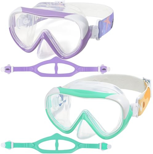 Barn dykglasögon 180° panorama barn snorkelmask, anti-dimma dykmask härdat glas simmask pojke silikon dykmask flicka simglasögon med nässkydd 4–16 (lila + Aqua)