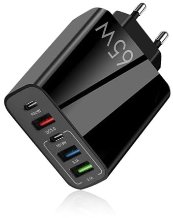 65W Cargador USB C Carga Rápida Cargador USB Múltiple 5 Puertos 2 Tipo C y 3 Tipo A Enchufe Multiple USB-C Adaptador de Corriente Fast Charge PD 3.0 Compatible con Samsung iPhone Huawei iPad 5V 2,4A