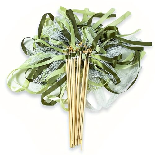 50 Stück Premium Wedding Wands mit extra großen Glöckchen & hochwertigen grünen Seidenbändern, Brautschleifen Magische Zauberstäbe für unvergessliche Hochzeiten, Geburtstage & Festliche Anlässe