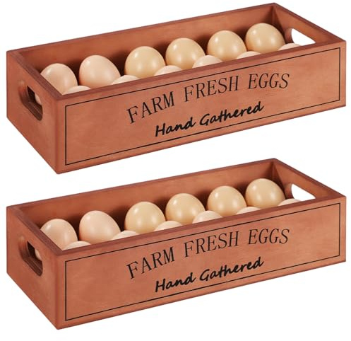 Lot de 2 porte-œufs en bois, paniers à œufs frais de la ferme, design ouvert avec poignée, peut contenir 12 œufs par compartiment, idéal pour le comptoir de cuisine, solution de rangement simple et de