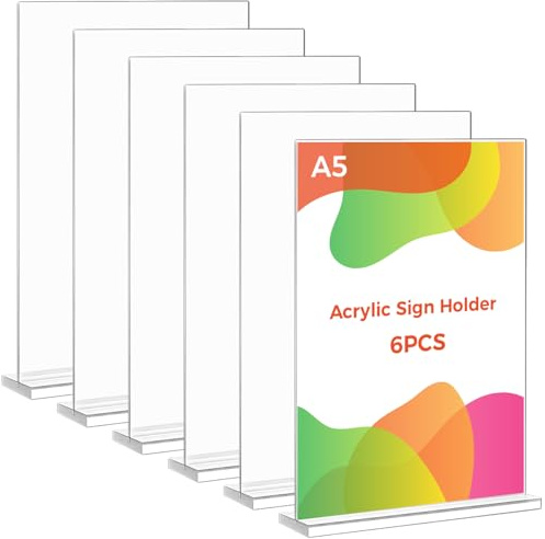 Thboxes A5 Acrylic Sign Holder, 6 Pack T-Shaped Double-Side Display Stand Poster Holder Clear A5 Menu Holders for Office, Hotel Store Restaurant