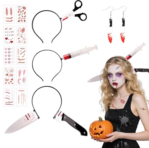 Haarreif Halloween Messer im Kopf & Messer Ohrringe & Blutig Tattoo,5er Schere,Syringe,Messer Kopfbedeckung Halloween Haarschmuck Set für Halloween Horror Accessoires Damen Mädchen Karneval Party
