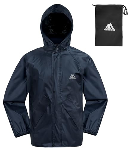 flintronic Veste imperméable pour Enfant, Veste de Pluie pour Enfants avec Capuche pour Fille garçon, Coupe-Vent, léger et Respirant, Bleu Marine, L