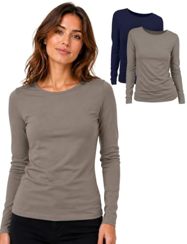 Basic Treasure 2/3-pack t-shirt dam, kortärmad damskjorta eller långärmade tröjor för kvinnor, 100 % bomull t-shirt