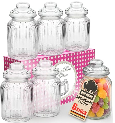 BigDean Bonbonglas mit Deckel 1100ml 6 Stück Vintage Vorratsgläser für Candy Bar Hochzeit Party Küche Spülmaschinenfest Aufbewahrungsgläser in Geschenkverpackung