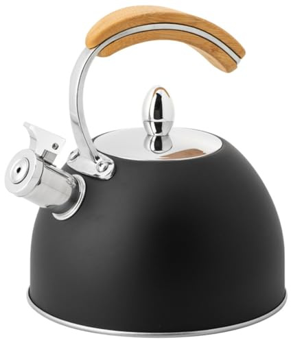 Grande bouilloire sifflante en acier inoxydable noir avec poignée en bois isolée – Parfaite pour les cuisinières à induction, électriques et à gaz – Design élégant