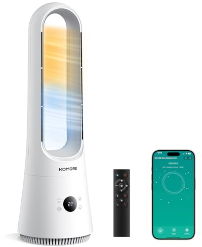 KOMORE 2 in 1 Bladeless Fan and Heater, 8 Speeds, 9H Timer, Tower Fan for Bedroom, Silent DC Motor, 90°Oscillating Floor Fan with Remote/APP, Safe Design Cooling Fans for Home, Office, White
