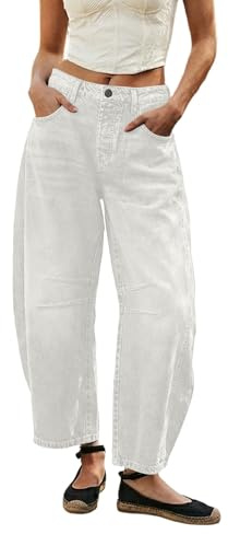 Generico Jeans Donna Larghi Eleganti Baggy Jeans Elasticizzati Vita Bassa Wide Leg A Pantaloni Comodi con Tasche Pantalone Push Up Leggeri Pants VintageHiphop Streetwear (3-White, S)