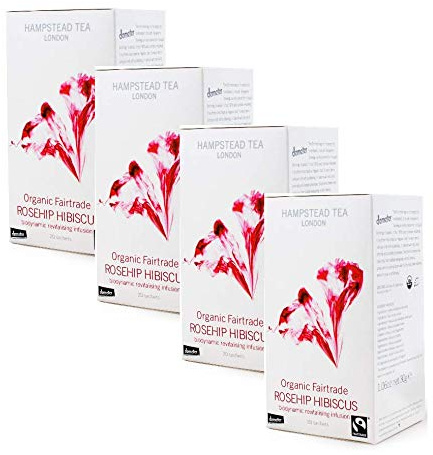Hampstead Tea London Organic Revitalizing and Biodynamic Herbal Tea with Rosehip & Hibiscus - 4 x 20 Tea Bags (120 Grams)