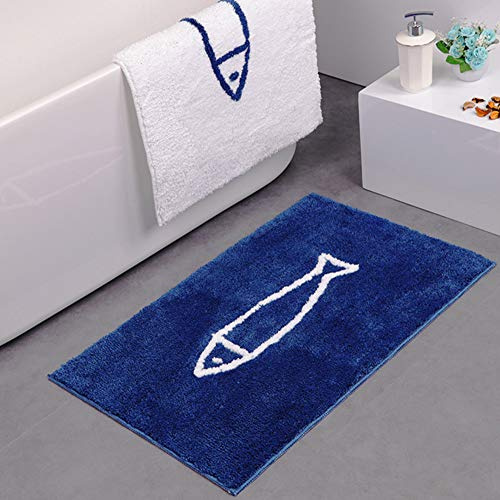 JameStyle26 Badteppich rutschfest Blau Weiß Fischmuster Badvorleger Badvorleger Duschmatte Schnelltrocknend Küchenteppich 50 x 80 cm Blau