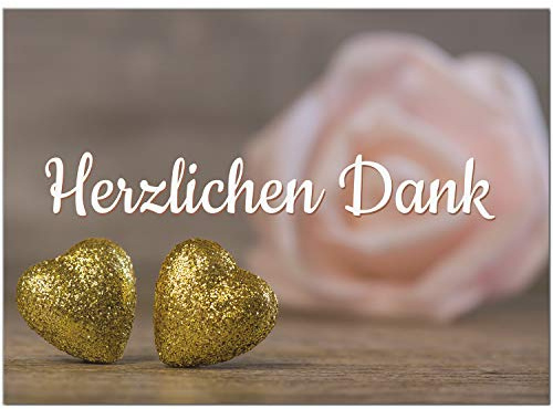 10 x Dankeskarten mit Umschlag - 2 goldene Herzen mit Rose - Danksagungskarten, Danke sagen, nach Hochzeit, Geburt, Baby, Taufe, Geburtstag, Kommunion, Konfirmation, Jugendweihe