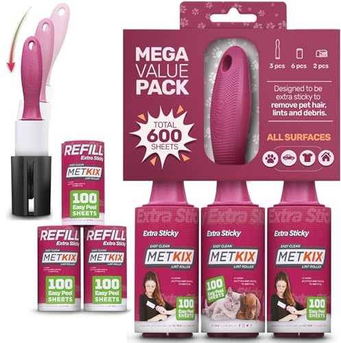 Metkix Fusselrollen für Tierhaare, Extra Klebrig, Spezielles Abdeckdesign, Tierhaarentferner, Mega Preis Set mit 600 Blatt und 2 Schutzhüllen