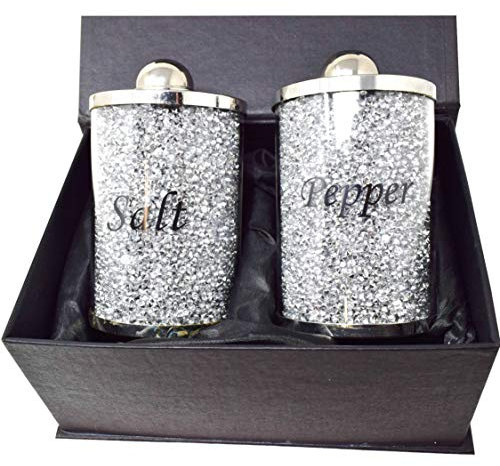 Salt and Pepper Shakers-Modern Farmhouse Kitchen Decor- Decorative Crystal Glass Salt Shaker Grinder Mill Set - Silver Wedding Registry Ideas Gifts-Rustic Holder-Farmhouse Table Decor