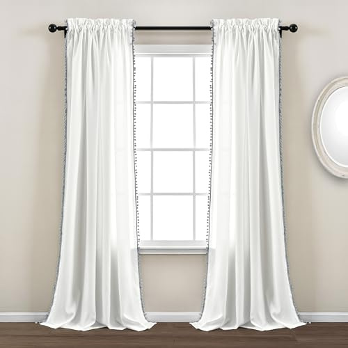 Lush Decor, Tenda grigia con pon | Pannello per finestra in stile shabby chic in tinta unita per soggiorno, sala da pranzo, camera da letto (singolo), 241,3 x 50 cm, colore: bianco, 241,3 x 127 cm