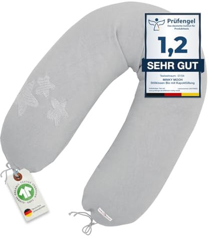 Minky Mooh Stillkissen XXL Bio Baumwolle mit Kapok Füllung | großes Kissen zum Stillen und Flasche geben | Schwangerschaftskissen Seitenschläferkissen | antiallergisch und leise | 190x30 cm, grau