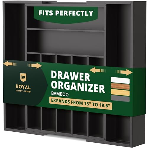 ROYAL CRAFT WOOD Organizador de cajones de cocina de bambú de lujo, organizador de cubiertos, soporte para utensilios y bandeja de cubiertos con separadores ranurados para cubiertos y utensilios de