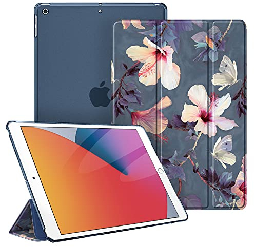 Fintie Hülle für iPad 9./8./7. Generation (10,2 Zoll, 2021/2020/2019) | Ultradünne Matte durchsichtige Hartrückseite Schutzhülle Case Cover für 10,2 Zoll iPad 9/8/7, Auto-Wake/Sleep, Hibiskus