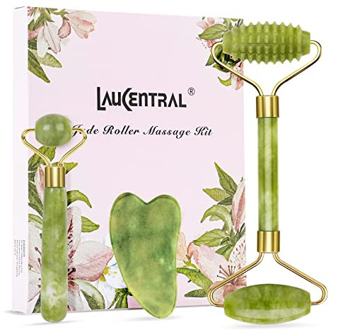 【3 PCS】Kits de Massage Jade Roller et Gua Sha, Rouleau Facial anti-âge Naturel pour Traitement des Poches des Yeux, Resserrement de la Peau, Rajeunissement du Visage, Masseur amincissant