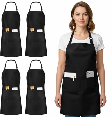 Utopia Kitchen 4 Pack Bib Apron, Adjustable with 2 Pockets, Water and Oil Resistant, Kitchen Cooking Unisex Chef Apron for Women Men, Black