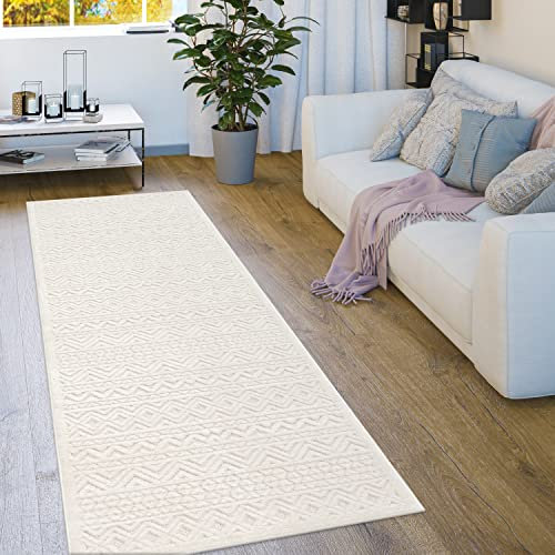 Paco Home Outdoor Teppich wetterfest & langlebig Moderne Boho-Designs mit 3D-Effekt Skandi-Look UV-beständig & robust für Balkon, Garten, Wohnzimmer & Küche, Grösse:80x250 cm, Farbe:Creme
