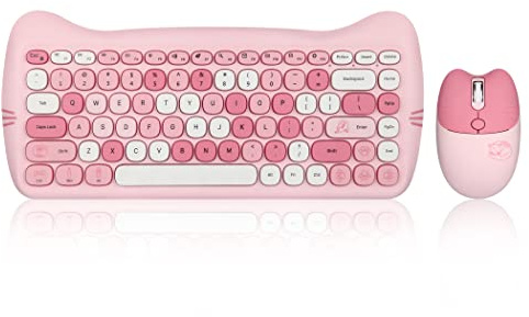 Perixx PERIDUO-715 - Mini Teclado y ratón inalámbrico con diseño de Gato, Color Rosa Caramelo, Bolsa de Viaje portátil, Adaptador Tipo C, inglés Americano