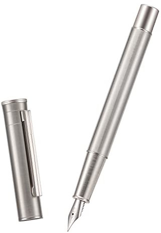 Hongdian Silber Edelstahl Füllfederhalter, mittlere Feder, modernes Design, glattes Schreibstift mit Konverter und Metallstiftetui-Set