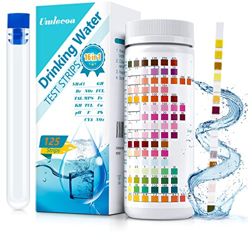 Umlecoa 16 in 1 Premium Water Test Kit - 125 Home Water Quality Test Strips for Well and Tap Test Kit - Testing for pH, Hardness, Chlorine, Lead, Iron, Copper, Nitrate, Nitrite, etc