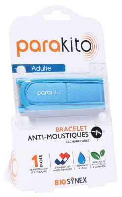 Biosynex Parakito – Pulsera antimosquitos recargable – 2 recambios incluidos, 1 mes de uso, sin deet, color azul, talla adulta