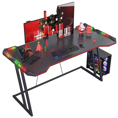 CubiCubi Gaming Schreibtisch, 140 x 60 cm Esport Ergonomischer Computertisch Tisch mit Kohlefaseroberfläche und LED, stabiles Z-Gestell, Kopfhörerhaken zum Spielen, Lernen, Schwarz