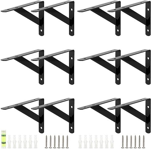 CHUEHKAK 12 Staffe per Mensole, Supporto per Mensole a Parete in Acciaio, Staffe Reggimensola Triangolare, Supporti a L per Scaffali a Muro, 150 x 95 mm, con viti, nero