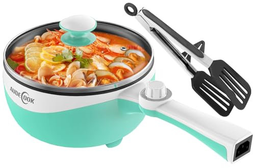 Audecook Olla Caliente Eléctrica, Mini Sartén Eléctrica de 1,7 L, Sartén Antiadherente, Olla Eléctrica Multicocina de Viaje para Ramen Rápida para Filete/Sopa/Huevo/Avena/Fideos (Verde)
