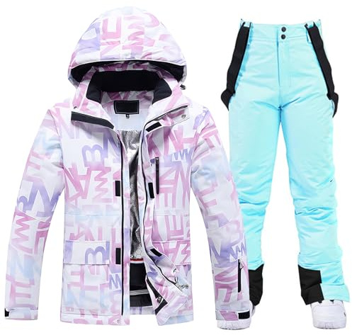 ALSOGO Damen Skijacke & Skihose Set Skianzug 2 teilig Schneeanzug Wassersäule Schneejacke Atmungsaktiv Trägern Winddichte Schneehose mit Abnehmbare Kapuzen zum Skifahren Snowboarden