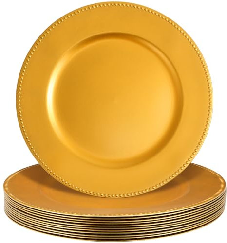 Gerrii 12 Pcs Metallic Bead Charger Plates 13 Inch Plastic Round Plates Bulk Wedding Beaded Chargers for Table Party Event Decoration(Gold)