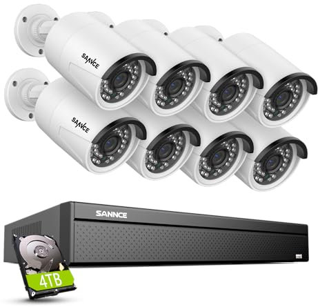 SANNCE 4K POE CCTV Security Camera System, 16 Channel Network Video Recorder 8MP NVR, 8x 3MP Outdoor Camera with Audio Recording, Motion Detection, 4TB HDD