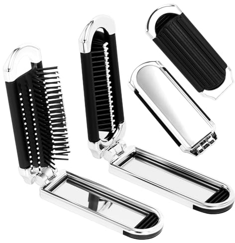 Siutaga 2Pcs Travel Hair Brush With Mini Mirror, Folding Pocket Hair Brush for Women Girls, Mini Massage Comb for Gym, Trip, Purse, Swimming (Removable Mirror)