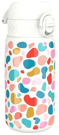 Ion8 Vacuum Insulated Steel Water Bottle, 320 ml/11 oz, Leak Proof, Easy to Open, Secure Lock, Dishwasher Safe, Carry Handle, Metal Water Bottle, ThermoShield Stainless Steel, White, Splodges