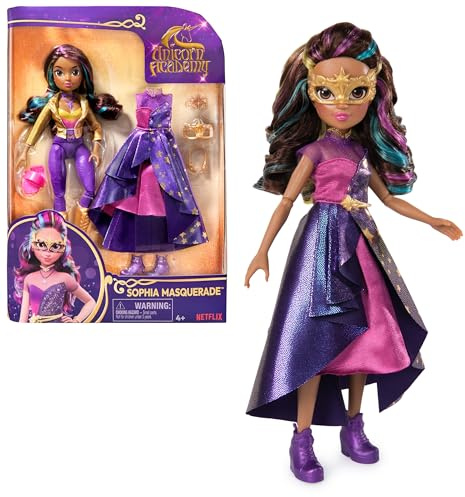 ACADEMIA UNICORNIO - Muñeca Articulada Sophia Baile de Máscaras de 24 cm con Cabello Arcoíris y 9 Accesorios - 6069399 - Juguetes Niña 4 años + Regalo Niña 4 años +