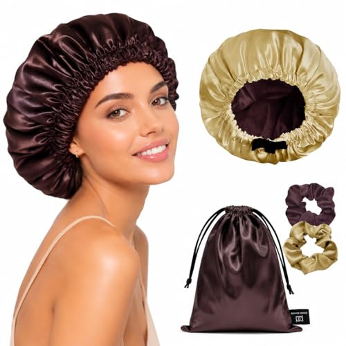 BONNET QUEEN Seidenhaube zum Schlafen – Doppellagige, wendbare Satin-Haarhaube mit verstellbarem Band, Bonnet Seide für Locken & glattes Haar, inkl. 2 Scrunchies & Satinbeutel, Gold & Schokolade